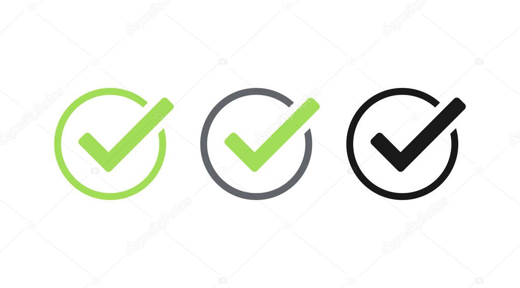 Green check mark and red cross icon set. Circle and square. Tick symbol in green color, vector illustration.
