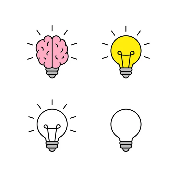 Glühbirnensatz mit Gehirn-Symbolen. Kreativität, kreative Idee. Vektorillustration. — Stockvektor