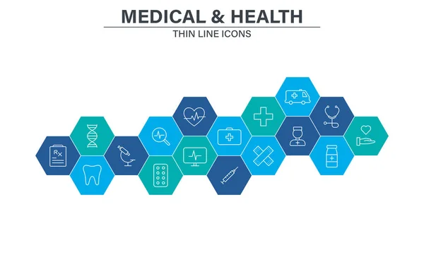 Satır stilinde Tıp ve Sağlık web simgeleri kümesi. Tıp ve Sağlık, Rx, infografik. Vektör çizimi. — Stok Vektör