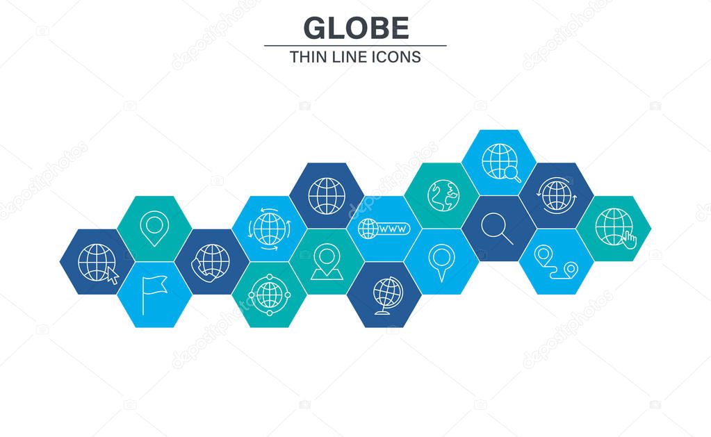 Set of Globe and earth planet web icons in line style. Navigational Equipment, Planet Earth, Airplane, Map. Vector illustration.