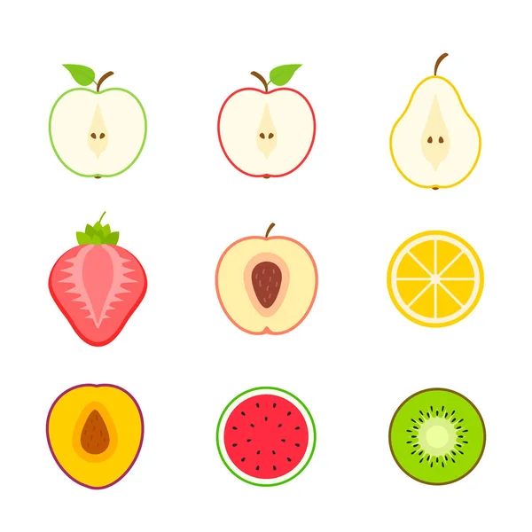 Gran juego de frutas y bayas. Fruta de verano. Manzana de frutas, pera, fresa, naranja, melocotón, ciruela, plátano, sandía, piña, kiwi, limón. Colección de vectores de frutas. Ilustración vectorial . — Foto de Stock