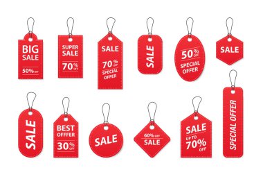 Satış etiketleri ve etiketleri, alışveriş etiketleri. Boş, indirimli ve fiyat etiketli kağıtlar. Özel fiyat. Eski model. Vektör illüstrasyonu.