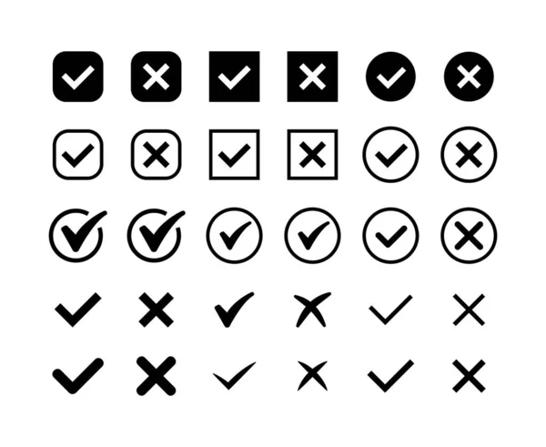 Marca Verificación Silueta Negra Conjunto Iconos Cruzados Círculo Cuadrado Marque — Vector de stock