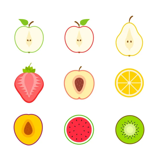 Grande conjunto de frutas e bagas. Fruta de verão. Fruta maçã, pêra, morango, laranja, pêssego, ameixa, banana, melancia, abacaxi, kiwi, limão. Coleção de vetor de frutas. Ilustração vetorial . — Vetor de Stock