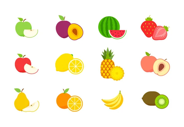 Grand ensemble de fruits et de baies. Fruits d'été. Fruits pomme, poire, fraise, orange, pêche, prune, banane, pastèque, ananas, kiwi, citron. Collecte de vecteurs de fruits. Illustration vectorielle . — Image vectorielle