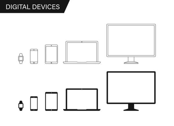 Elektronická zařízení, webdesign vektorová šablona s notebookem, tabletem, smartphonem, počítačem. Plochý design, vektorová ilustrace na pozadí. — Stockový vektor