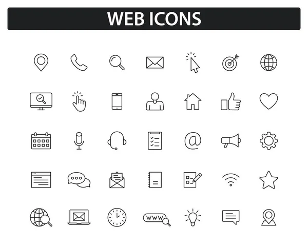 Uppsättning webb ikoner i linjestil. Stor samling av webb och mobil ikon. Chatt, support, meddelande, telefon, www, reffer, hjärta, som post. Vektor illustration. — Stock vektor