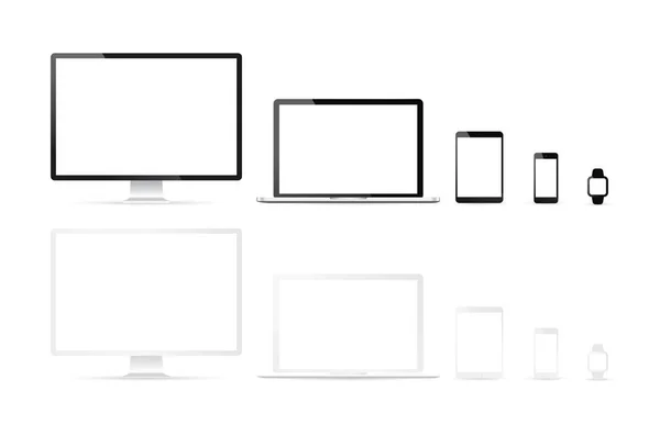 Urządzenia elektroniczne, szablon wektora projektowania stron internetowych z laptopem, tabletem, smartfonem, komputerem. Płaska konstrukcja, ilustracja wektora na tle. — Wektor stockowy