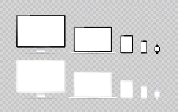 Urządzenia elektroniczne, szablon wektora projektowania stron internetowych z laptopem, tabletem, smartfonem, komputerem. Płaska konstrukcja, ilustracja wektora na tle. — Wektor stockowy