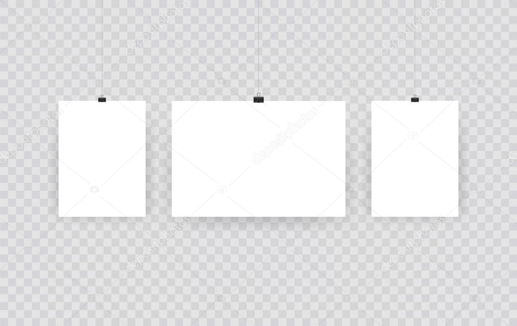 Blank hanging photo frames or poster templates isolated on transparent background. Photo picture hanging, frame paper gallery portfolio illustration vector