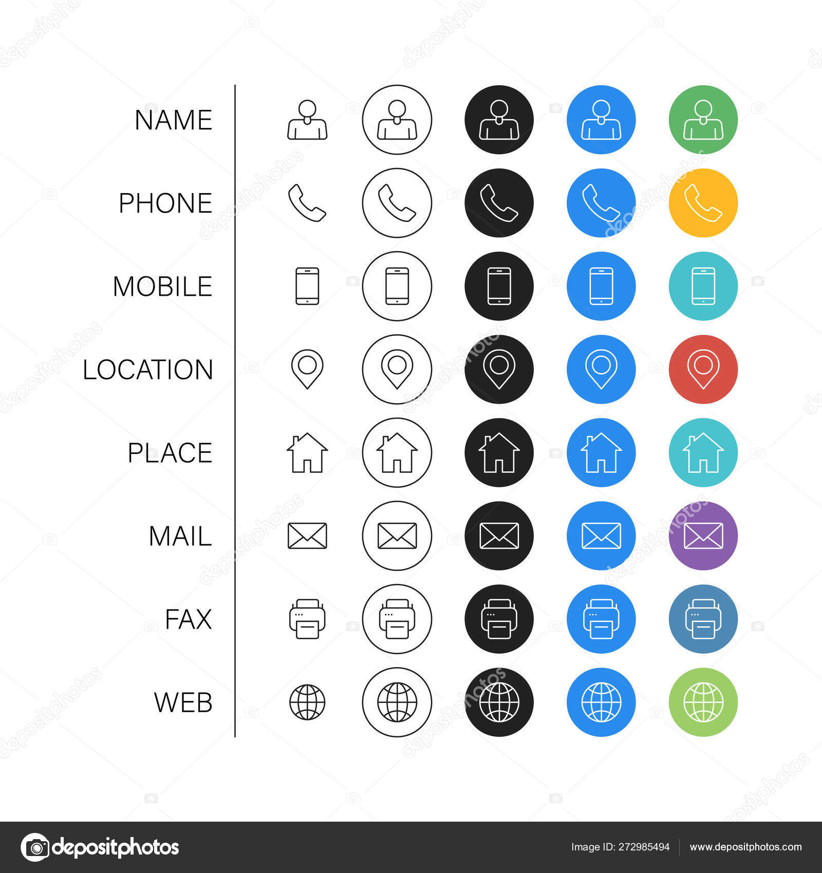 Set of Business Card icons. Name, phone, mobile, location, place, mail