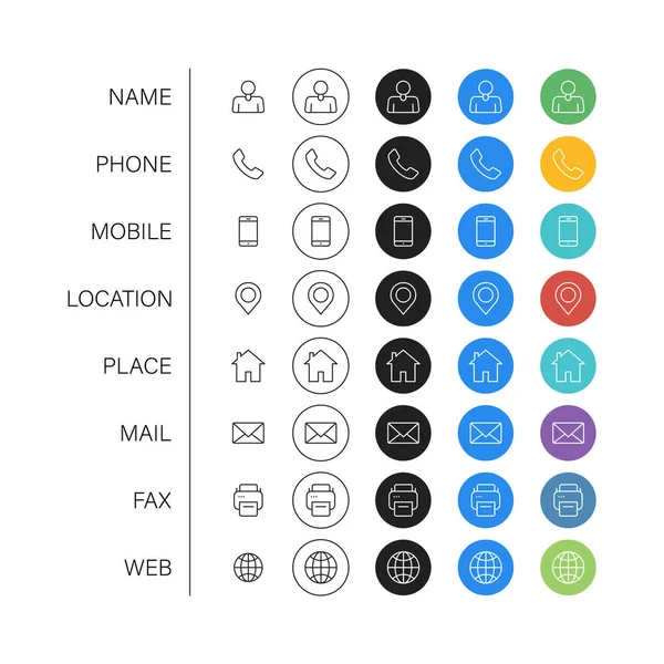 Sada ikon vizitek. Jméno, telefon, mobil, umístění, místo, pošta, fax, web. Kontaktujte nás, informace, komunikace. Vektorová ilustrace. — Stockový vektor