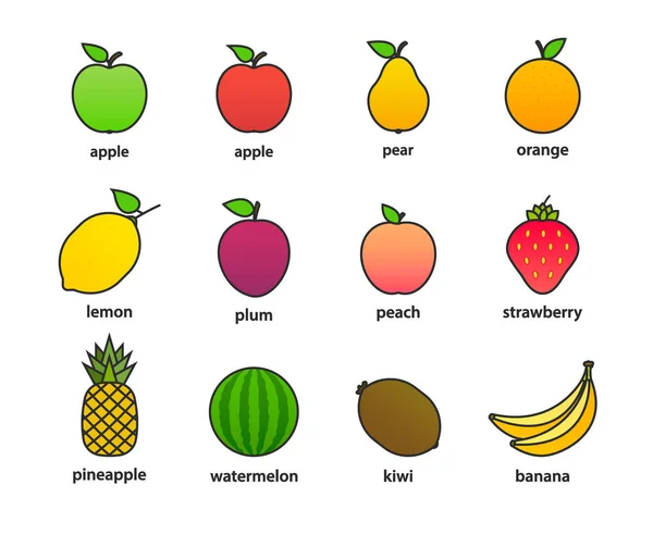 Grande conjunto de frutas e bagas. Fruta de verão. Fruta maçã, pêra, morango, laranja, pêssego, ameixa, banana, melancia, abacaxi, kiwi, limão. Coleção de vetor de frutas. Ilustração vetorial . — Vetor de Stock