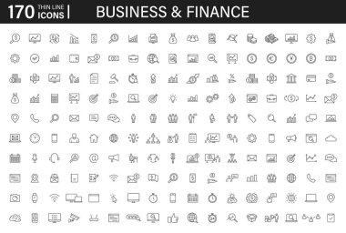 Büyük set 170 Iş ve Finans Web simgeleri çizgi tarzında. Para, banka, iletişim, İnfografik. Simge koleksiyonu. Vektör Illustration.