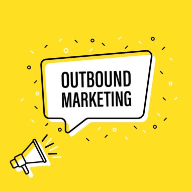 Giden pazarlama konuşma balonu ile megafon tutan erkek el. Hoparlör. Banner iş, pazarlama ve reklam için. Vektör çizimi.