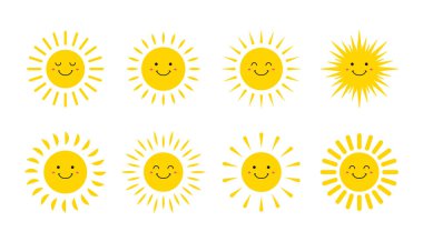 Sevimli gülümseyen güneşler seti. Smile Sun. emoji. Yaz güneşi. Vektör Illustration.