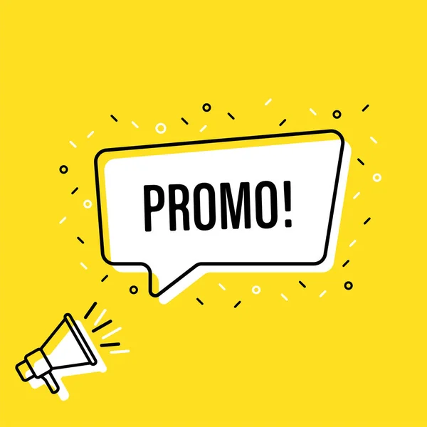 Mannelijke handholding megafoon met promo speech bubble. Luidspreker. Banner voor Business, marketing en reclame. Vector illustratie. — Stockvector