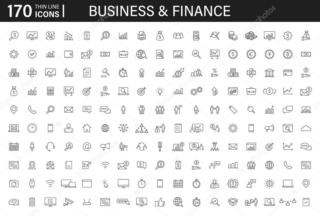 Big set of 170 Business and Finance web icons in line style. Money, bank, contact, infographic. Icon collection. Vector illustration