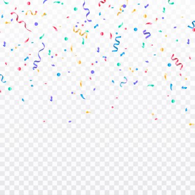 Renkli konfeti. Saydam arka plan üzerinde izole düşen parlak konfeti şenlikli. Tatil tasarım. Renkli parlak konfeti arka plan.
