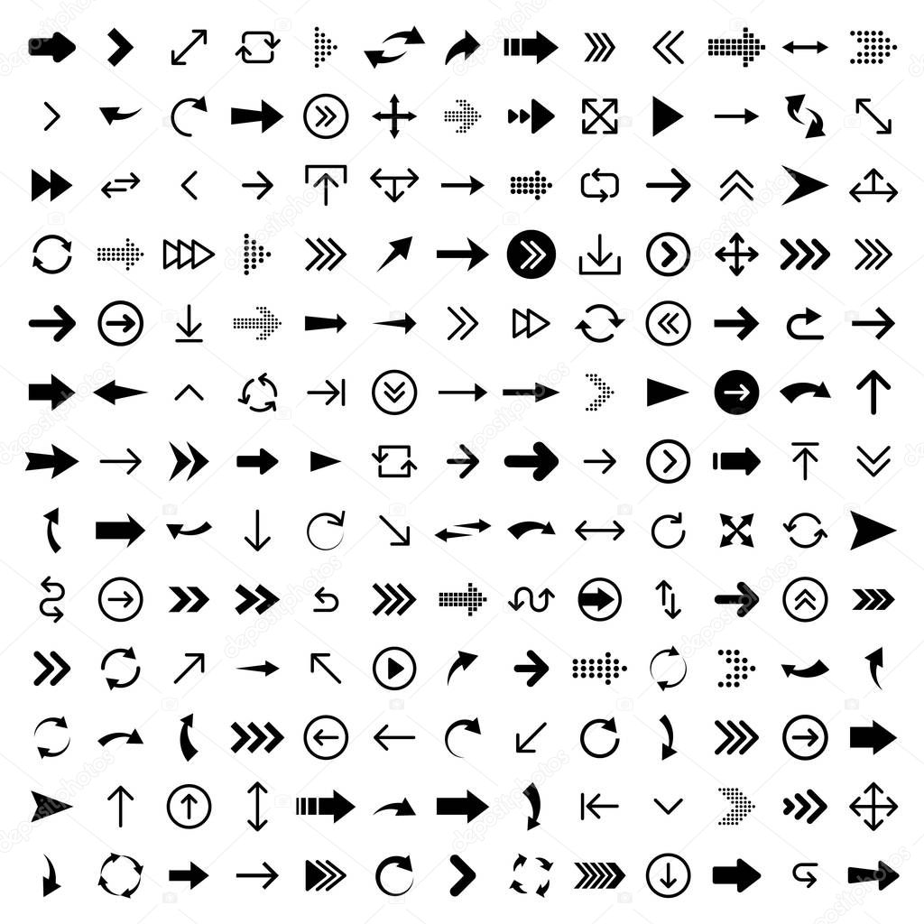 Arrows set of 170 black icons. Arrow icon. Arrow vector collection. Arrow. Cursor. Modern simple arrows. Vector illustration.