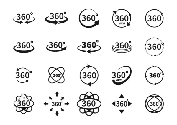 Vistas de 360 grados de iconos de círculo vectorial establecidos aislados del fondo. Signos con flechas para indicar la rotación o panoramas a 360 grados. Ilustración vectorial . — Vector de stock