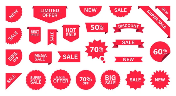 Sale Label collection set. Sale tags. Discount red ribbons, banners and icons. Shopping Tags. Sale icons. Red isolated on white background, vector illustration. — Stock Vector