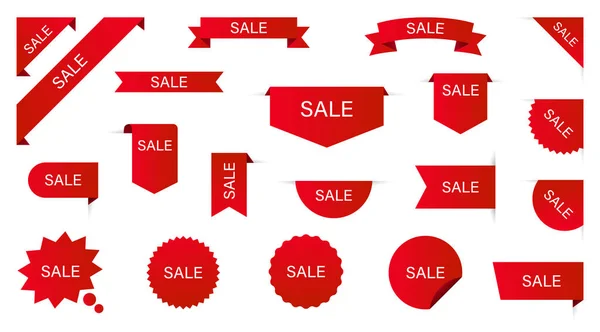 Sale Label collection set. Sale tags. Discount red ribbons, banners and icons. Shopping Tags. Sale icons. Red isolated on white background, vector illustration. — Stock Vector