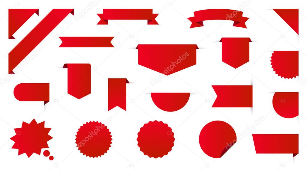 Label collection set. Sale tags. Discount red ribbons, banners and icons. Shopping Tags. Sale icons. Red isolated on white background, vector illustration.