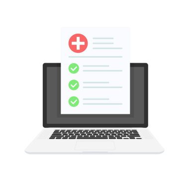 Sağlık ve tıbbi sınav ve online konsültasyon kavramı. Klinik kayıt, reçete, iddia, tıbbi onay işaretleri rapor, sağlık sigortası kavramları. Sınıf kalitesi. Vektör çizim.