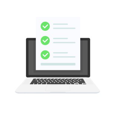 Online sınav kontrol listesi, sınava seçme cevap, anket formu, eğitim kavramı ile dizüstü bilgisayar. Düz çizgi film tasarım, vektör çizim arka plan üzerinde.