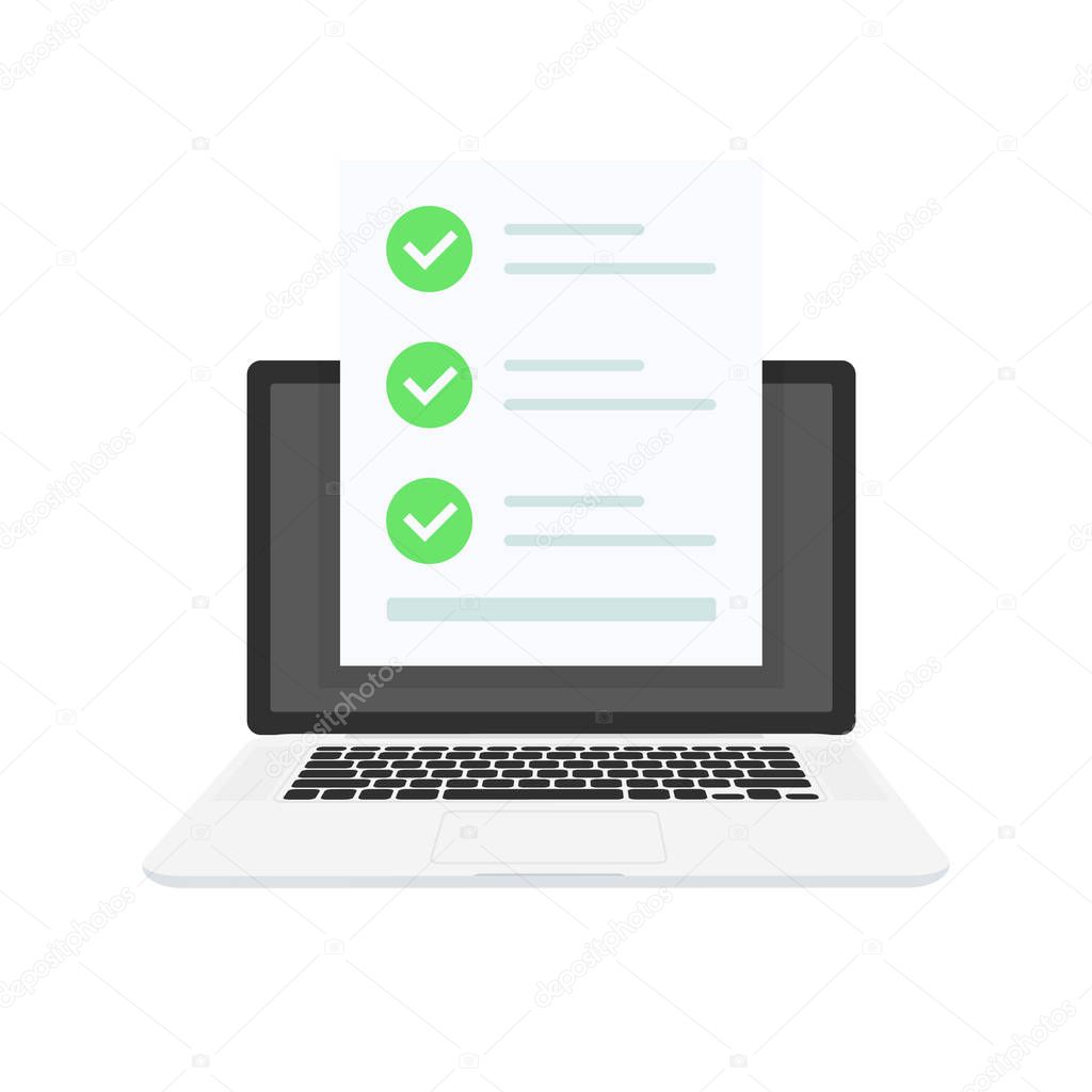 Online exam, laptop with checklist, taking test, choosing answer, questionnaire form, education concept. Flat cartoon design, vector illustration on background.