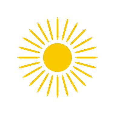Güneş simgesi. Sarı güneş yıldızı simgesi. Yaz, güneş ışığı, doğa, gökyüzü. Vektör çizimi.