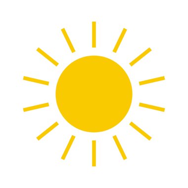 Güneş simgesi. Sarı güneş yıldızı simgesi. Yaz, güneş ışığı, doğa, gökyüzü. Vektör çizimi.