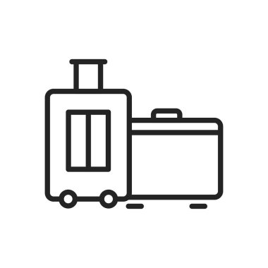 Satır stilinde seyahat simgeleri. Ulaşım, Bagaj, gıda, navigasyon, tatil Vektör illüstrasyon.