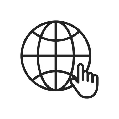 Çizgi tarzında Küre ve dünya gezegeni web simgeleri. Seyir Ekipmanları, Dünya Gezegeni, Uçak, Harita. Vektör çizimi.