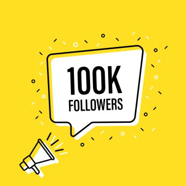 100.000 bin konuşma balonu ile megafon tutan erkek el. Hoparlör. Banner iş, pazarlama ve reklam için. Vektör çizimi.