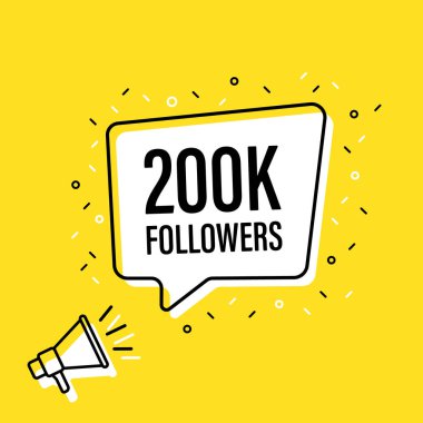 200 000 bin konuşma balonu ile megafon tutan erkek el. Hoparlör. Banner iş, pazarlama ve reklam için. Vektör çizimi.
