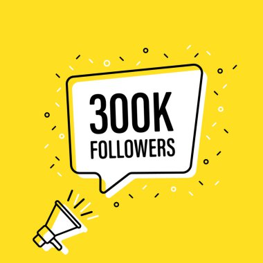 300 000 bin konuşma balonu ile megafon tutan erkek el. Hoparlör. Banner iş, pazarlama ve reklam için. Vektör çizimi.