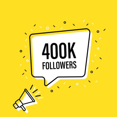 400 000 bin konuşma balonu ile megafon tutan erkek el. Hoparlör. Banner iş, pazarlama ve reklam için. Vektör çizimi.