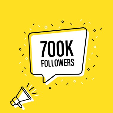 700.000.000 konuşma balonu ile megafon tutan erkek el. Hoparlör. Banner iş, pazarlama ve reklam için. Vektör çizimi.