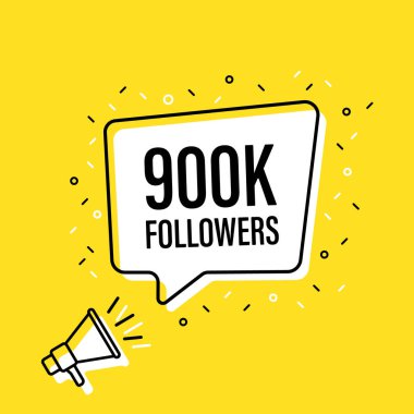 900 000 bin konuşma balonu ile megafon tutan erkek el. Hoparlör. Banner iş, pazarlama ve reklam için. Vektör çizimi.