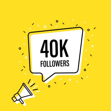 40.000.000 konuşma balonu ile megafon tutan erkek el. Hoparlör. Banner iş, pazarlama ve reklam için. Vektör çizimi.