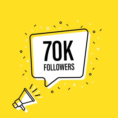 70.000.000 konuşma balonu ile megafon tutan erkek el. Hoparlör. Banner iş, pazarlama ve reklam için. Vektör çizimi.