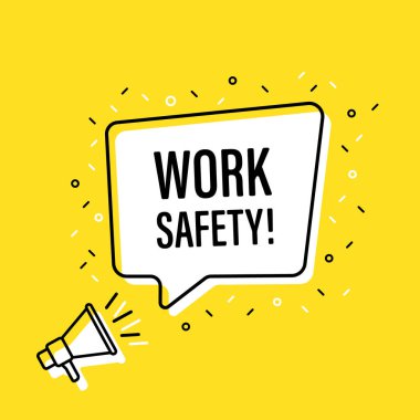 İş güvenliği konuşma balonu ile megafon tutan erkek el. Hoparlör. Banner iş, pazarlama ve reklam için. Vektör çizimi.