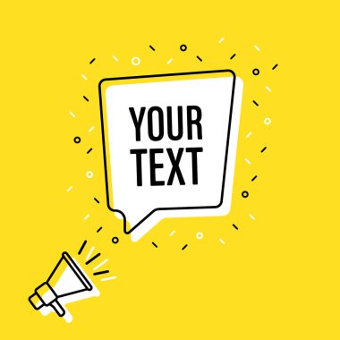 Erkek el metin konuşma balonu ile megafon tutan. Hoparlör. Banner iş, pazarlama ve reklam için. Vektör çizimi.