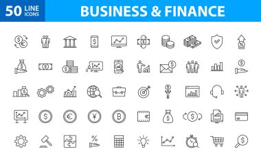 Satır stilinde 50 İş ve Finans web simgeleri ayarlayın. Para, dolar, infografik, bankacılık. Vektör çizimi.