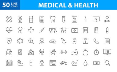 Satır stilinde 50 Tıp ve Sağlık web simgeleri ayarlayın. Tıp ve Sağlık, Rx, infografik. Vektör çizimi.