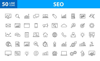 Çizgi tarzında 50 Seo ve Geliştirme web simgeleri ayarlayın. İletişim, Hedef, Web Sitesi. Vektör çizimi.