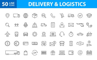 Satır stilinde 50 Teslimat ve lojistik web simgeleri ayarlayın. Kurye, nakliye, ekspres teslimat, takip siparişi, destek, iş. Vektör çizimi.