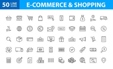 Çizgi tarzında 50 E-ticaret ve alışveriş web simgeleri ayarlayın. Mobil Mağaza, Dijital pazarlama, Banka Kartı, Hediyeler. Vektör çizimi.